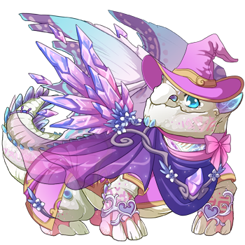 A Snapper dragon in female pose. The dragon has a pale iridescent in body. They're wearing pink magician's  floppy brimmed hat, pink ribbons, a pink draped robe with crystal wing accents, heart shaped leg bracelets, and the Marva's eye that gives them a large blue eye with a limpid expression.