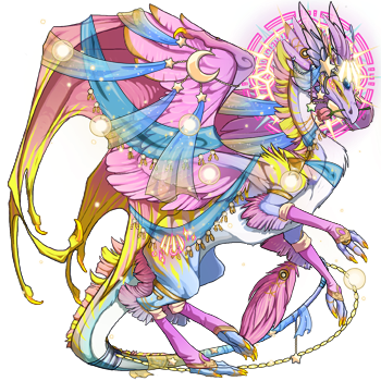 Parthenia: A sky blue, pink, yellow, and white Arcane hatched skydancer who represents the pan pride flag.