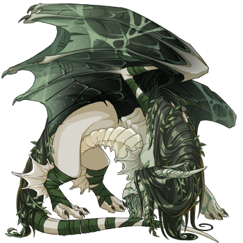 A Guardian dragon in male pose. The dragon's body is a pale off white color and their gene colors and apparel—especially the dark green kelpie mane hanging off their head and body—create a moist eldritch swamp creature aesthetic.