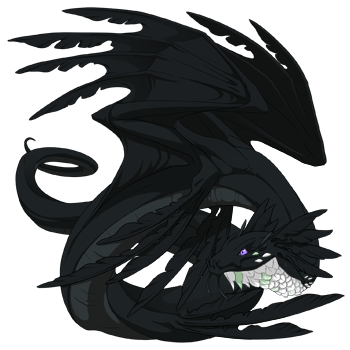An Undertide dragon in female pose. The dragon's primary and secondary are a deep black, with only the dragon's pale purple eyes and white feathery beard visible. This combination makes the dragon resemble a shadowy void.