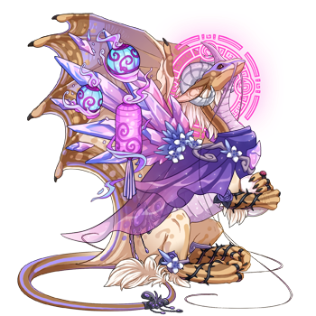 A pearlcatcher dragon in female pose. The dragon is dressed with a pink Arcane halo, a silky drape embellished with crystals, and pink, purple, and blue floating lights.