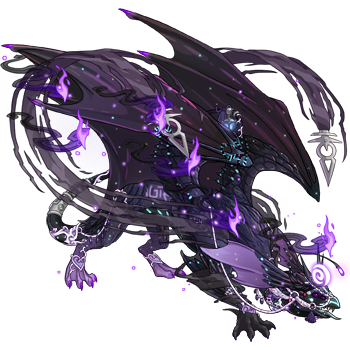 A Mirror dragon in male pose, in shades of dark purple. The dragon's genes, apparel, and skin gives them the appearance of an eldritch creature from deep space or an otherworldly realm.