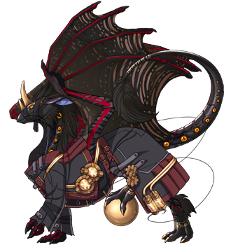 A black and brown pearlcatcher with a red ghost tertiary. Her pearl and horns are a metallic gold from her accent. She has fire multigaze eyes.