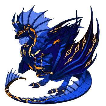 A fanned deep blue Banescale dragon in male pose with gold and orange accents.