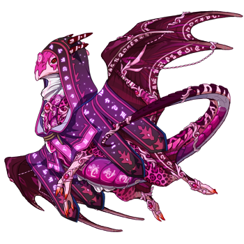 A Nocturne dragon in male pose. The dragon's genes and apparel are in shades of pink, and they have a cloaked, magical appearance.