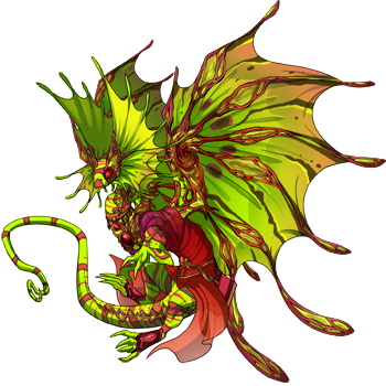 A Fae dragon in male pose. The dragon is bright green with an accent to give the wings a plagued look and red apparel to tie in the colors of Plague further.