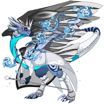 A wildclaw dragon in male pose, wearing a white rose thorn crown, white cloak, holding a white spiffy cane, and surrounded by a water aura.