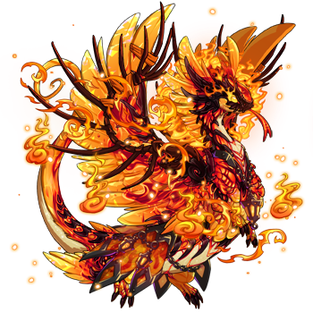 A orange Coatl dragon with apparel, skin or accent, and Fire primal eyes that's given them a literally flaming and on fire Fire dragon appearance.