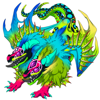 An Aberration hatchling of many bright colors: green, blue, teal, bright pink, bright green. Their eyes are Arcane primal eyes and add to their colorful affect.