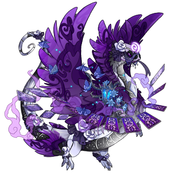 A Coatl dragon in male pose. The dragon's body is a grey color and their wings are a rich purple. The dragon is dressed in pale rose jewelry, which stands out on the dragon's head, and they are surrounded by a deck of purple magical playing cards.