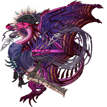 A bright pink and deep purple ridgeback dragon in female pose. The dragon is dressed as a captain with a cape and weaponry.