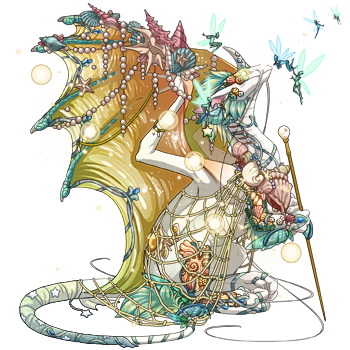 Aethyra: A white and pastel blue, pink, gold, and teal, Light-hatched pearlcatcher with seashell apparel and accent.