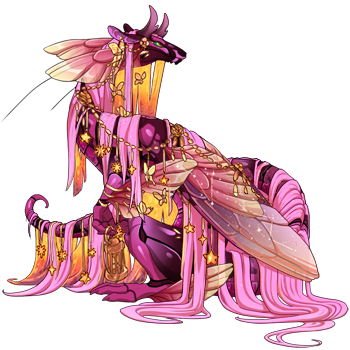 A Veilspun dragon in female pose. The dragon's colors are a mix of deep rich reds and a pale pink mane, with pink to gold iridescent wings. The dragon has an accent that adds the appearance of delicate gold jewelry draped over them.