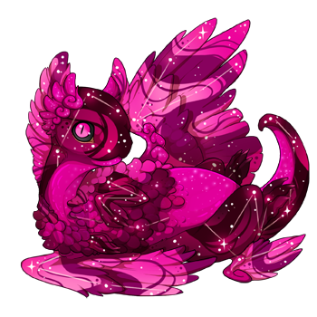 A Coatl hatchling in baby pose. The Coatl's genes and colors give them a glittering pink cosmic appearance, in shades of dark and bright pinks.