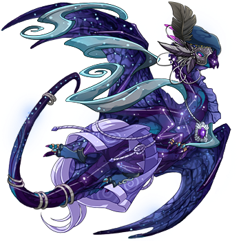 A Nocturne in female pose genes and dressed in blues. The dragon's apparel gives them an artistic and magical appearance.