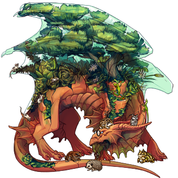 A guardian dragon which appears to be made from terracotta. Many plants grow over it's body. In the place of wings, it has a large bonsai tree. Among the foliage are several small animals including a hedgehog, mice, and frogs.
