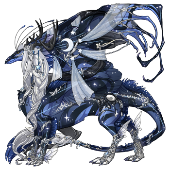 Ulaigh: A dark blue, starry Light-hatched skydancer wearing sparkly white, blue, and black apparel.