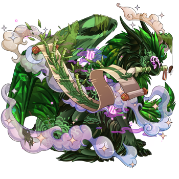 A crystal facet green tundra dragon in male pose, holding a billowing scroll and surrounded by a cloud of magic.
