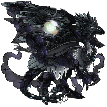 A Wildclaw in female pose. The dragon's genes are all dark colored and their apparel is equally dark, including the eerie cloud surrounding them.