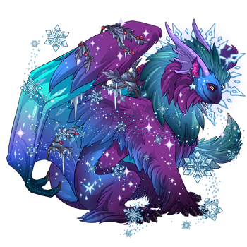 A Tundra dragon with a fluffy dark teal mane, purple to to purple-blue body, and purple to blue to bright teal wings. The dragon has an icy halo and is surrounding by sparkling snowflakes.