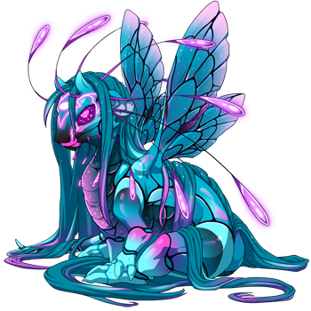 Niamh: A cyan blue, purple, and pink, Primal Arcane-hatched veilspun permababy.