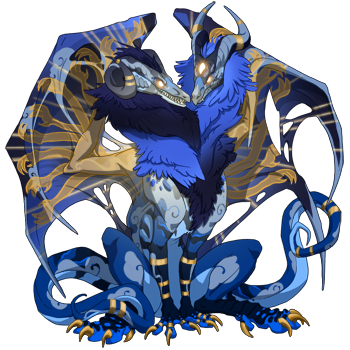 Synergy, a female-pose dull blue aberration with glowing brown eyes and an accent that gives them gold rings and several glowing gold outlines of arms. (Cobalt Falcon/Blue Spade/Stonewash Kumo)