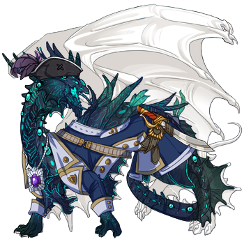 A multi-gaze eye type Guardian dragon in female pose. The dragon is dark with cyan highlights throughout the body and they're wearing the Navy Aviator coat and Swashbuckler's hat.