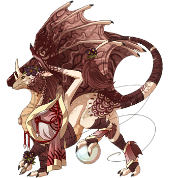 A pearlcatcher dragon from the Verdant Hatchery's Ruby Living Stone pair. He has a cream body with brick colored wings and maroon ringlets. He is wearing a red and cream overcoat with several brown flowers.