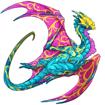 A bright pink winged and blue bodied Nocturne dragon in female pose. Their bright yellow Wish gene gives the dragon...well, my brain keeps saying it gives the dragon an aesthetic look so I'm running with it. A bright and cheery aesthetic look.
