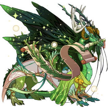 An Imperial dragon in male pose with a bright green body and dark green wings. The dragon is antlered and dressed in green Wind themed wraps while holding a billowing, unraveling Wind scroll.