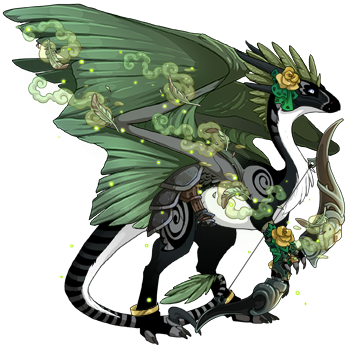 A Wildclaw dragon facing the viewer's right and holding a bow. The dragon is in colors of green, black, grey, and white and wears golden roses on the dragon's head and forelimb.
