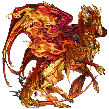 A skydancer in female pose. The genes give the dragon a glittering cosmic appearance and the apparel gives the dragon a luscious long red mane and provides a flaming aura