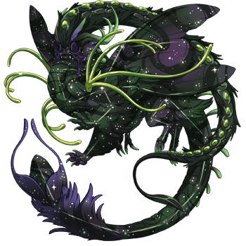 An Aether dragon of dark purples and greens, with a sparkling cosmic aesthetic. They have a green tentacled tertiary and Shadow primal eyes, giving them a very eldritch appearance,