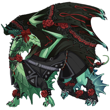 light green dragon with black-and-red outfit