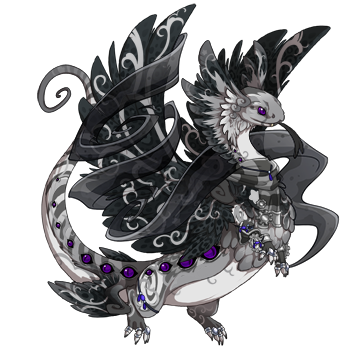 A grey toned coatl dragon in male pose. The coatl's primary and secondary colors are dark and the Wish tertiary creates a pretty swirled effect over their dark wings.