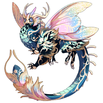 A dark blue bodied Aether dragon in male pose with pastel multi-colored wings. The Wish gene gives the dragon a pale embellished look.