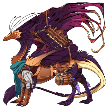 A Skydancer dragon in male pose. Their colors are a more muted brown, tan, and purples. Their apparel gives them the appearance of an adventurer.