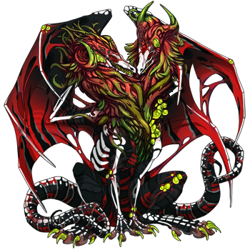 An Aberration dragon in female pose. The dragon's primary color is dark red with a white tertiary Ghost, giving the dragon a skeletal appearance. They also have a skin that adds Plague themed hues of green to their mane.