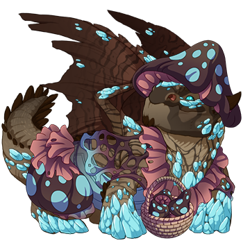 A Snapper dragon in female pose wearing the cheery mushroom apparel set. They also have a bright blue tertiary gem bond, which gives the dragon a very underground, mushroomy, and cozy appearance.