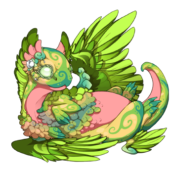 An adorable permababy Coatl dragon hatchling with green wings, a gold, green, and blue body, and coral underbelly.
