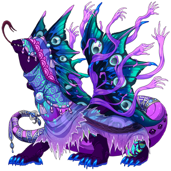 A deep purple and bright blue-green Bogsneak dragon in male pose with bright blue toenails. The combination of the dragon's Shadow multi-gaze eyes and Peacock tertiary give this dragon a many, many eyed effect.