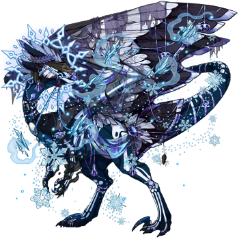A Wildclaw dragon in male pose. The dragon's body is a deep almost black blue with the Ghost tertiary in a white shade. Their apparel covers them in glittering snow, delicate jewelry, and an icy halo.