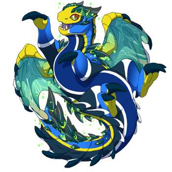 A blue, yellow, white, and teal colored Dusthide hatchling.