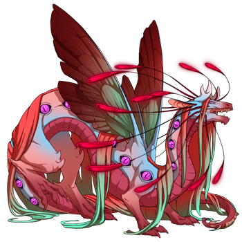 A red-pink, pale blue, and teal Veilspun hatchling with Arcane pink multi-gaze eyes. The genes used give the Veilspun's colors a very soft ombre effect.