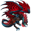 Fierce teal Banescale dragon with red wings and fin going down top of head and back. Wears an accent with tattered armor and several scars. Facing to the right with mouth open in a snarl. 