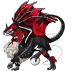 Black Pearlcatcher dragon with bright red wings and white skeletal markings. This dragon is wearing a black coat with white fluff around the collar, and carries a pearl in its back foot. Facing to the left.