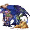 A blue Tundra dragon wearing mushrooms and flowers with a treasure pile next to it