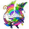 A brightly colored male coatl dragon from flight rising. He is wearing a rainbow scarf and has a neon colored rainbow and clouds on his wings.