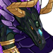 Portrait of a shiny purple and black female Skydancer with brilliant golden horns.