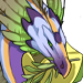 Portrait of a lavender and yellow Skydancer with green feathers.